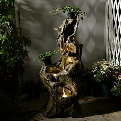 LED-Gartenbrunnen im Baumstamm-Design, 5-stufiger Kaskaden-Wasserfall aus wetterfestem Kunstharz | Naturgetreue Holzoptik für Terrasse & Vorgarten | 31 x 46 x 102 cm (LxBxH)