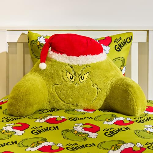 OHS the Grinch Cuddle Cushion for Kids, Christmas Decorations Reading Pillow for Bed Adult Soft Cosy Teddy Fleece Snuggle Hug Pillow with Arms Backrest Pillows Relaxing Comfy, Green - 45x40x30cm