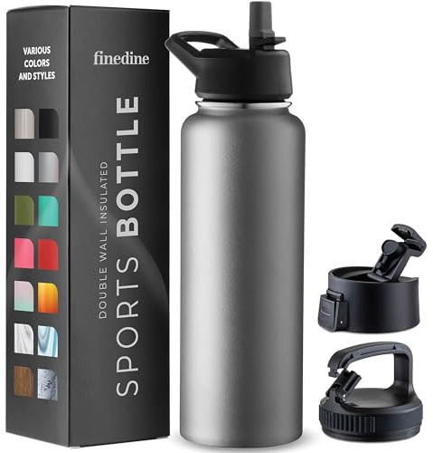 Triple Walled, Insulated Water Bottles with Straw Lid/Flip Top Lid/Wide Mouth Cap - Stainless Steel Metal Bottle for Travel, School, Sports, Gym (Modern Lava Gray, 1180 ml)