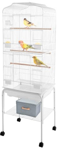 Vogelvoliere mit Rollen Großer Vogelkäfig Metall Vogelbauer mit 2 Türen, inkl. 3 Holzstangen, Futternapf, Vogeltränke und Schmutzwanneneinsatz,47 x 37 x 137.5 cm (Weiß)