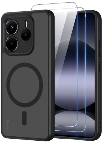 Pnakqil Magnetisch für Xiaomi Redmi Note 14 4G (Nicht für 5G) Hülle für Magsafe,Matt Transluzente Handyhülle mit 2 Panzer Schutz Glas,PC Härte Kratzfest Matte Dünn Magnetische Case,Schwarz
