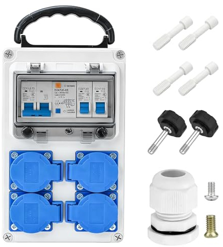 Baustromverteiler, Steckdosenverteiler 4x Schuko 230V, 16A Wandverteiler Stromverteiler mit FI Schalter, Starkstrom Verteiler, IP66 Wandverteilerkästen Aufputz Verteiler für Indoor/Outdoor