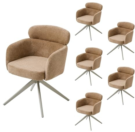 PPkrimnel 360° Drehstuhl Chenille‑Stoff Braun 6 Stück | Federgepolsterter Sitz, Metallbeine Bis 150 KG, Kratzfester Rahmen, Ergonomische Armlehnen, Hautfreundliche Oberfläche