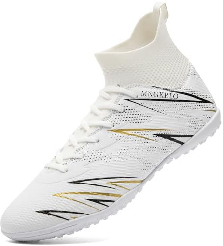 PiDaGlobal Scarpe da Calcio Uomo Donna con Tacchetti Scarpe da Calcetto TF Multitacchetti per Prato Artificiale Futsal Antiscivolo High Top Junior Allenamento Indoor Outdoor 42EU Bianco