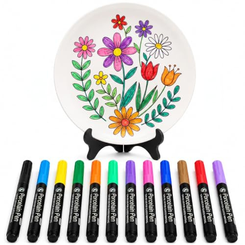 Ceramic Painting Set, Ceramic Plate for Painting, DIY Porcelain Painting Set with 12 Porcelain Pens and Plate Stand, Creative Gift for Adults, Art Set for Home, Birthday & Christmas