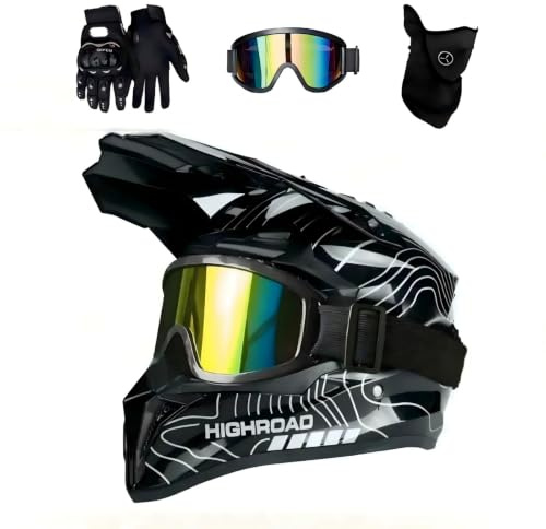 Erwachsenen Motorrad MTB Cross Helm Set, Motocross Crosshelm | mit 2 Wechsel Innenfuttern, Brille Maske Handschuhe, Universeller Downhill Enduro Helm für Dirt Bike ATV Quad Mofa Moped