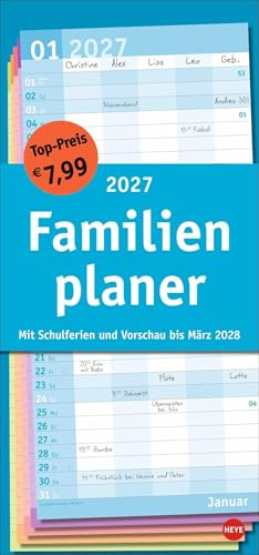 Basic Familienplaner 2027: Praktischer Wandplaner mit 5 Spalten. Familien-Wandkalender mit Schulferien und 3-Monats-Ausblick aufs Folgejahr. Terminkalender 2027.