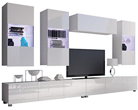 Moderne Wohnwand Calabrini V, Anbauwand, Mediawand, TV Lowboard, Hängevitrine, Wandregal, Wohnzimmerschrank, Fernsehschrank (mit weißer LED Beleuchtung, Weiß/Weiß Hochglanz)