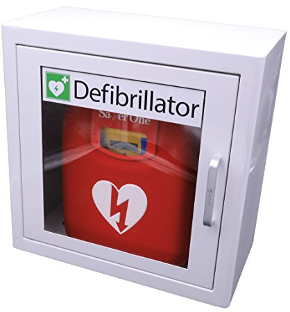 Saver One AED Defibrillator SA1 (SVO-B0001) (halbautomatische Schockauslösung) mit Metallwandkasten und AED-Standortwinkel