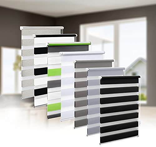 Eurohome Doppelrollo Klemmfix ohne Bohren, Duo Rollo,60cm x 220cm (Stoffbreite 56 cm) Schwarz Transparentes und undurchsichtiges Sichtschutz Rollo mit Klemmträgern für Fenster und Türen