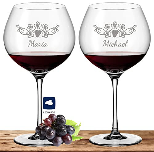 2X Leonardo Burgunderglas Rotweinglas XL mit Namen oder Wunschtext graviert, 630ml, CIAO+, personalisiertes Premium Burgunderglas in Gastroqualität (Weinrebe)