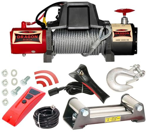 Dragon Winch Treuil électrique 12V Maverick 12000 lbs / 5443 kg avec Câble en Acier 20m pour voiture, dépanneuses et véhicules municipaux | Télécommande sans fil + accessoires treuil