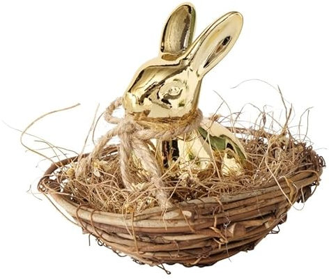 RiloStore Osterhase im Nest Gold Farben b782 Frohe Ostern Deko Hase Keramik 14x12cm Osterdeko Hase golden Dekohase Osternest Eier Naturdeko