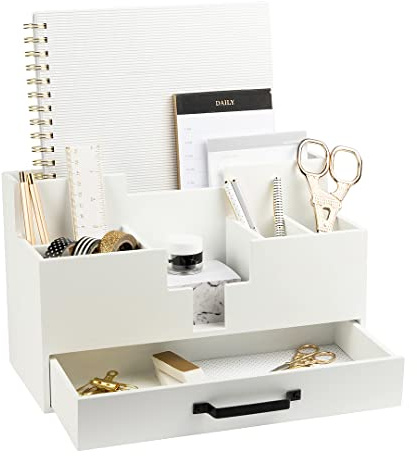 BLU MONACO Schreibtisch-Organizer aus weißem Holz mit Schublade, kompakter Schreibtisch-Organizer mit 6 Fächern, modernes Heimbüro-Zubehör für Damen, Küchentheke und Empfangsbereiche
