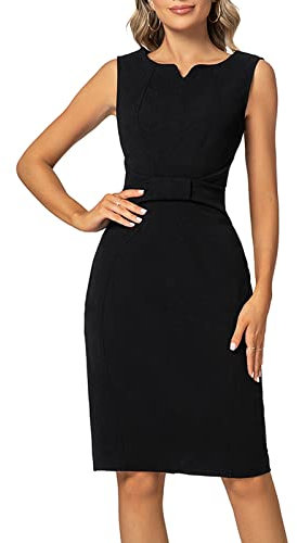 MINTLIMIT Women Sheath Dress Notch V Neck Sleeveless Bow Waist Wear to Work Pencil Dresses Black