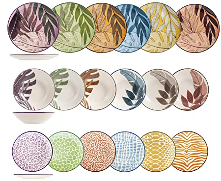 H&H Jungle Servizio Tavola 18 Pezzi, in Stoneware, Decorato, Colori Assortiti