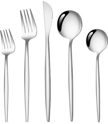 HYEIOL Besteck Set 6 Personen, 30 teilig Edelstahl Cutlery Set, Steel Stainless Outdoor Besteck mit Löffel, Messer, Gabel, Poliert Travel Essbesteck(Silber)