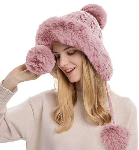 Rayson Damen Mütze Winter Warm Strickmütze mit Pompom Dick Wintermütze mit Gepolstertem Fleece Futter Winddicht Outdoor Ski Fahrrad(Rosa)