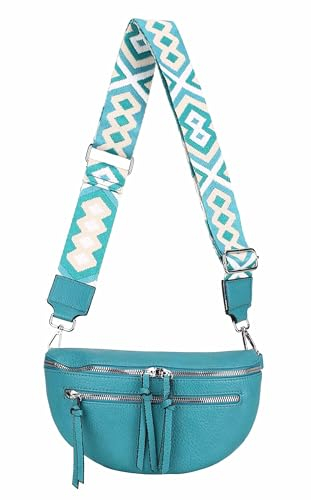 ITALYSHOP24 Damen Tasche Umhängetasche Brusttasche Muster Gürtel Bauchtasche Crossbody Gürteltasche Hüfttasche Crossover Bodybag Schultertasche Handytasche Leder Optik Türkis S