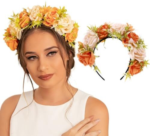 IYOU Blumenkrone Stirnband Orange Rose Haarbänder Rave Floral Tag der Toten Halloween Kopfbedeckung Haarschmuck für Frauen und Mädchen