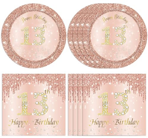 40PCS Rose Gold 13th Birthday Decorations for Girls - Sweet Disposable Tableware Set With Plates and Napkins for Official Teenager Gifts