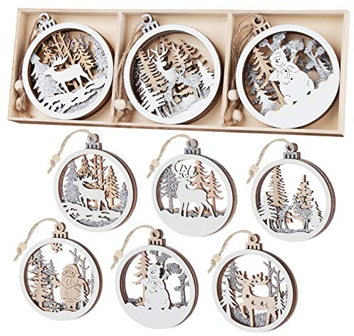 Weihnachtsdeko Holz,6 Weihnachtsbaumschmuck Holz für Christmas Decorations&Christbaumschmuck&Weihnachtsbaum Deko,mit 6 Stile,mit Schnur,mit 8.5 cm Durchmesser,Weiß&Silber Rosa&Holz