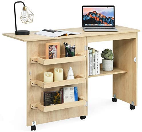Multigot Folding Sewing Table, 2-in-1 Mobile Craft Table with Open Shelves and Rolling Casters, Sewing Machine Cabinet Computer Desk for Home Office (Beige)
