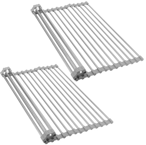 MOUYAT Paquete de 2 Escurreplatos Enrollables, Escurridor de Fregadero de Acero Inoxidable 304 con Silicona Antideslizante, Escurridor de Fregadero Plegable para Encimera de Cocina y Escurridor sobre