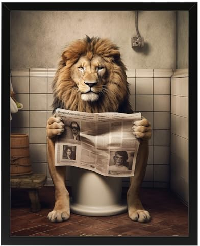 Löwe auf WC, Poster 40cm x 50cm mit Rahmen, Toilette Badezimmer Deko Bild, Wand-Deko Bilder Lustiges Geschenk