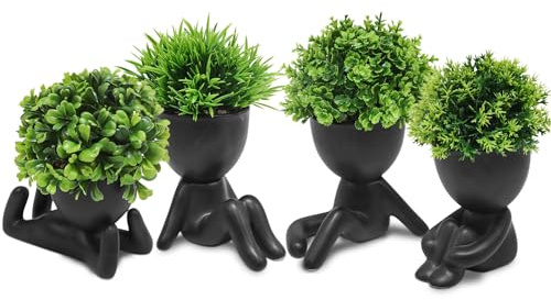 MAKHOT 4 mini plantas suculentas artificiales con macetas creativas con forma humana, pequeñas plantas falsas para decoración de mesa de escritorio (negro)