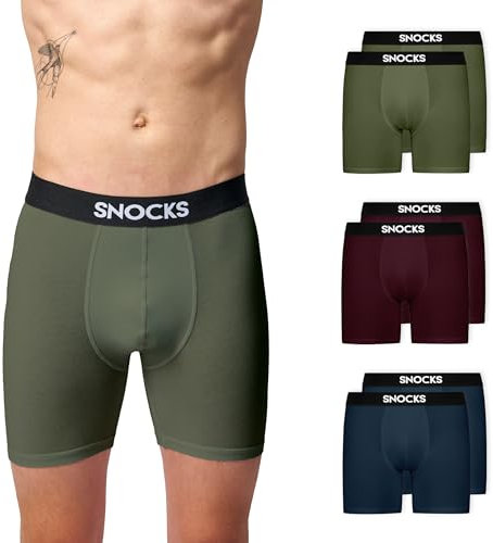 Snocks Lange Boxershorts Herren aus Bio-Baumwolle (6er Pack) - Ideal für Sport und Alltag - Kein juckendes Etikett und komfortabler Bund - Unterhosen Herren Gr.L, Farbe Mix (Navy/Rot/Olivine)