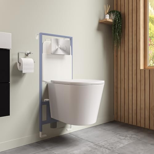 Verona Matt White Wall Hung Rimless Toilet with Soft Close Seat Cistern Frame and Chrome Flush