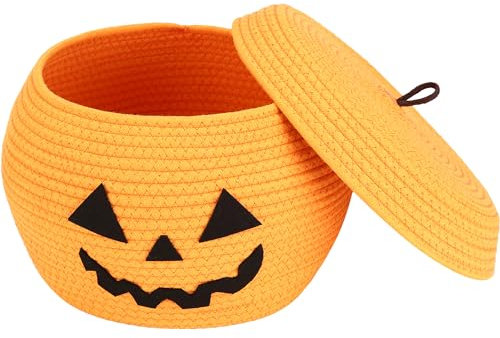 Sea Team Round Cotton Rope Storage Basket with Lid, Halloween Pumpkin Woven Storage Bin, Pot, Caddy, Organizer, Container for Snacks, Towels, Plants,13 x 9 Zoll (Groß, Orange)
