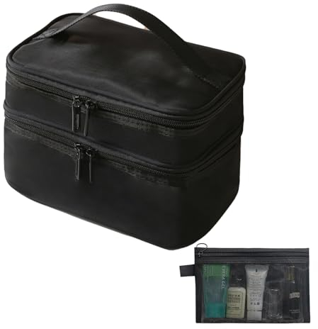 BAYINBROOK Trousse de Maquillage Portable Double Couche Trousse de Toilette Imperméable Grande capacité Sac Cosmétique de Voyage Vanity Case avec Brosse Compartiment (Gaze Noire)