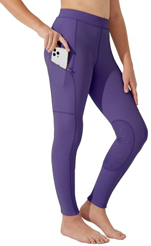 WILLIT Pantaloni da equitazione per bambini ragazze, leggings da equitazione con rinforzi al ginocchio, per giovani, per equitazione, pantaloni estivi traspiranti ed elastici con tasche, Lilla, XL