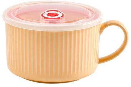 Jarsense Soup Bowl with Handle, 1000ml Ramen Bowl with Lid, Ceramic Portable Cereal Noodle Bowl Microwave Breakfast Salad Bowls, Yellow