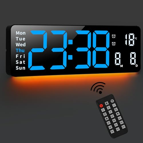 Fuloon 16 Große Wanduhr Digital, 8 Farben Digital Uhr Wanduhr mit Nachtlichtern, LED Digitaluhr mit Fernbedienung, Countdown, Datum, Temperatur für Wohnzimmer Büro Fitnessstudio