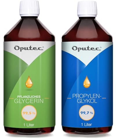 Oputec 1000ml Glycerin 99,5% + 1000ml Propylenglykol 99,7% - in Ph. Eur. und Lebensmittel-Qualität - Für Nebelmaschinen, Cremes, Gels, Balsam, Seifen, Extrakte - Made in Germany