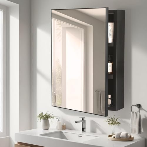 Ereousa Spiegelschrank Bad, 56x13x40cm Spiegelschränke fürs Bad, Badezimmer Spiegelschrank met Spiegel und Ablage, Berührung Sensorschalter,Schwarz