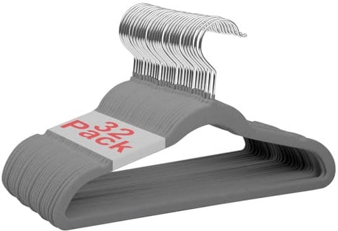 Wellong Kleiderbügel für Kinder, 35 cm Kinderkleiderbügel aus Samt, rutschfeste Kleiderbügel mit 360°-Drehhaken, Samtbügel für Hemden, Hosen, Röcke, Kleider, Jacken, Mäntel, 32 Stück Grau