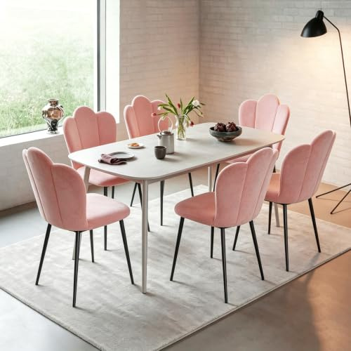 Set di 6 Sedie da Pranzo in Velluto Sedia con Imbottita e Gambe in Metallo | Sedie da Cucina con Schienale a Petalo per Sala da Pranzo, Soggiorno, Camera da Letto, Cucina, 41x46x91 cm, Rosa