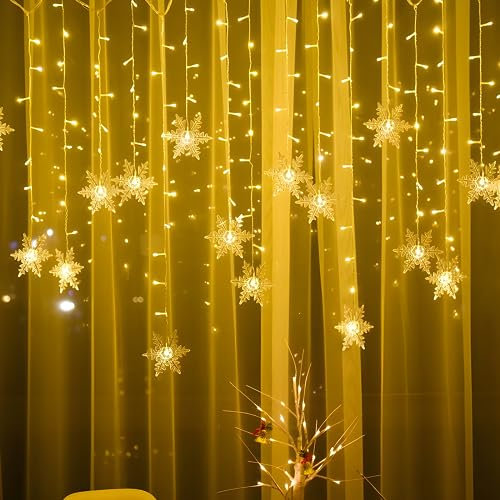 Aragallant LED Star Fairy Lights, 4M LED Fairy Lights Snowflakes, 96 LED Window Curtain Fairy Lights, Star Curtain con 8 Modos de Luz para Navidad Cumpleaños Fiesta Boda Decoración (Blanco cálido)