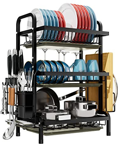 Escurridor de platos de 3 niveles con bandeja de goteo y tabla de drenaje, escurridor grande con soporte para cubiertos, estante para secar platos sobre el fregadero para encimera de cocina.
