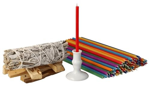 Danilovo Räucherset Hausreinigung: 5 Palo Santo Räucherholz, 1 Weißer Salbei zum Räuchern, 50 Bienenwachskerzen und 1 Kerzenhalter - Ideal für Meditation, Raumreinigung und Aromatherapie