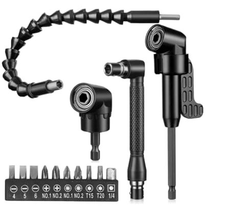 Huudngeje 90 Right Angle Drill 14 Pcs Flexible Drill Bit Extension Set 1/4 Inch Hex Bendable Drill Bit Extension 105 Right Angle