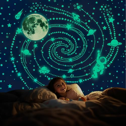 Leuchtsterne Selbstklebend Wandsticker 1420 Stück leuchtsterne kinderzimmer | Wandtattoo Mond und Sterne Astronaut, Rakete Fluoreszierend Wandaufkleber für Schlafzimmer Wohnzimmer Deko