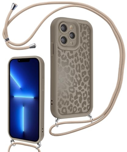Xylota Handyband für iPhone 13 Pro Hülle mit Band, Silikon Aesthetic Leopard Muster Design Handyhülle mit Kette Kordel Schlüsselband, Mädchen Schutzhülle für iPhone 13 Pro 6,1'' zum Umhängen, Braun