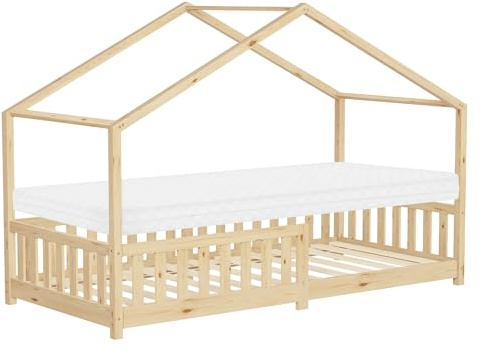 ML-Design Kinderbett Hausbett 90x200 cm Natur mit Matratze H:10cm, Holzbett mit Rausfallschutz, Lattenrost, Spielbett aus Kiefernholz für Kinder, Montessori Bodenbett Bettgestell Bettenhaus Juniorbett