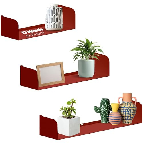 Flo.mar Mensole da Parete Invisibili per Libri e Oggetti (Rosso, Kit 3 Mensole (60-50-40 cm), 3)