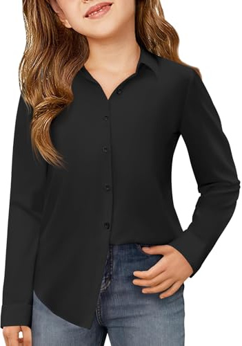 Haloumoning Girls Long Sleeve Button Down Shirt | Collared Neck,Durable Tops,Classic T-Shirt,School Uniform P.E.,Sport,Casual,Kids Clothes,5-14 Years
